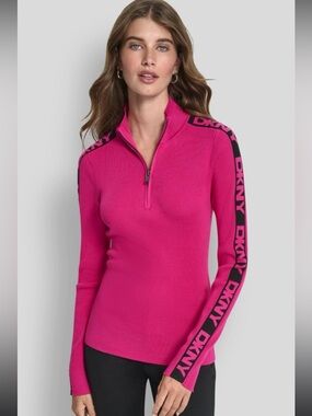 NEW DKNY WOMENS LONG SLEEVE HALF ZIP MOCK-NECK LOGO TAPE FUCHSIA SWEATER SZ L